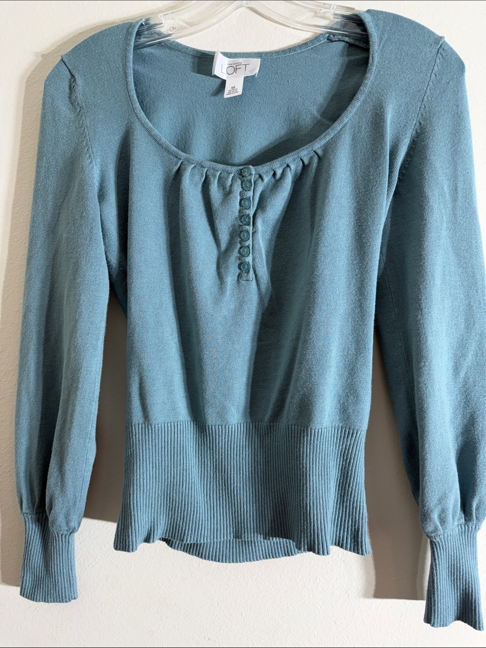 LOFT Teal Blue Scoop-Neck Button Pullover